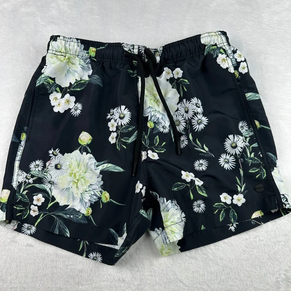 Superdry Studios Mens Floral Swim Trunks Black Peony Daisy Board Shorts Hawaiian